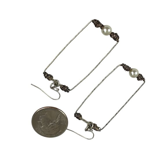 Handcrafted Wire & Pearl Rectangular Dangle Earrings - Picture 7 of 8